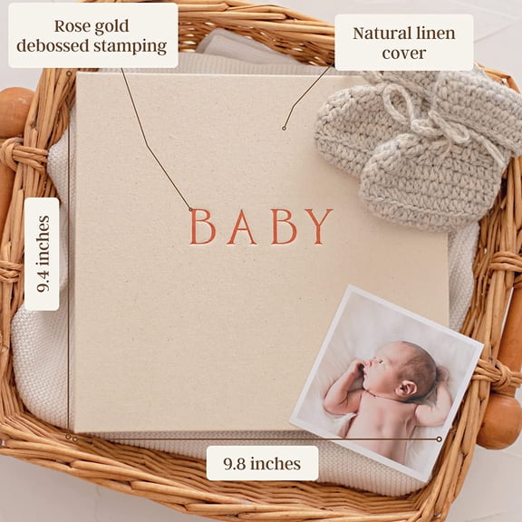 "Haven" Unisex Baby Memory Book - Minimalist Natural Linen, First Year Milestone Scrapbook for Boys/Girls