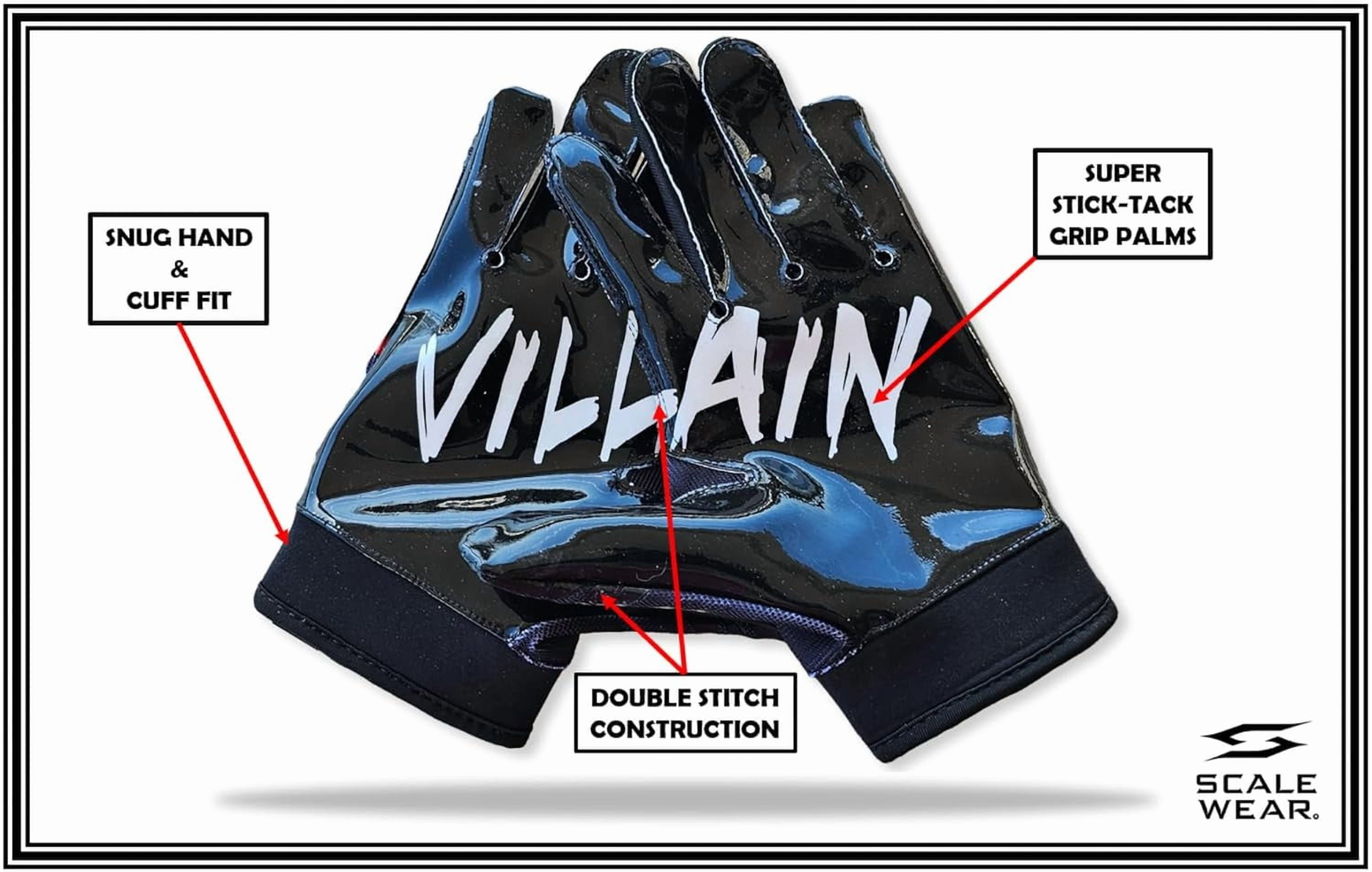 Villian Football Receiver Gloves Elite Sticky Tacky Pro Grip Super Palms Boost Your Battle Game, Be a Villain Joker Sizes Adult Men Youth (Adult - Small)