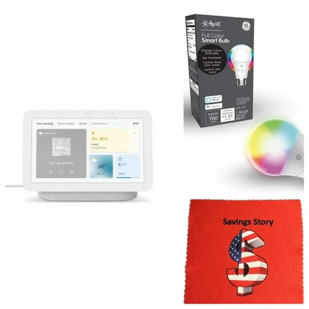 Google_Nest Hub (2nd Gen) 7” Smart Display Speaker Chalk Bundle with GE Cync Color Smart Bulb and Cleaning Cloth, New
