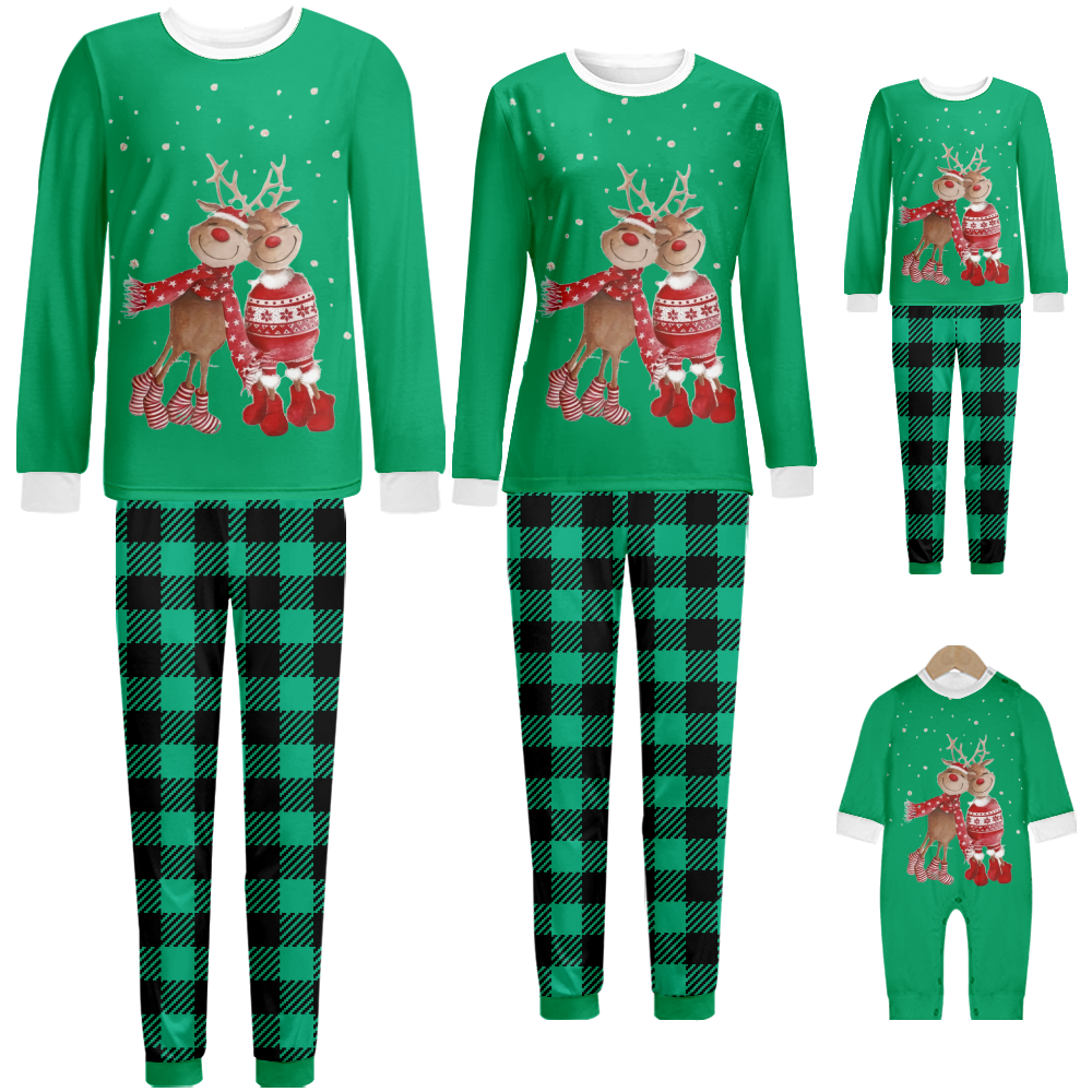 Family Matching Christmas Pajamas Set Reindeer Green Buffalo Plaid