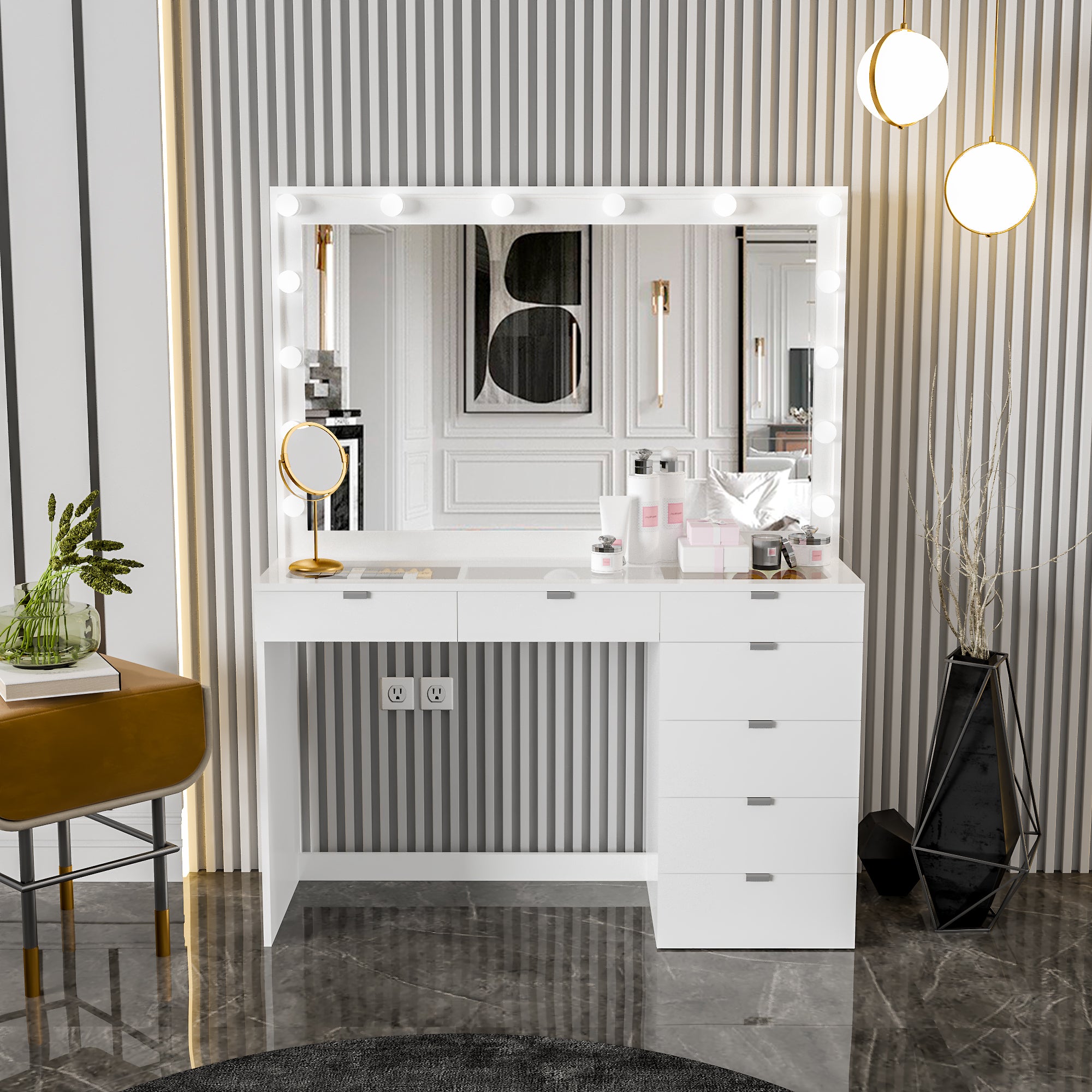 Ember Interiors Polly Modern White Painted Vanity Table, Lights, for