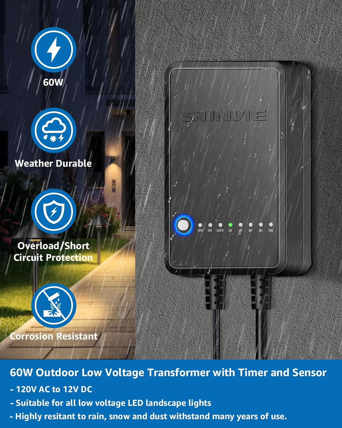 SUNVIE 60W Low Voltage Landscape Transformer with Timer and Photocell Sensor Step Down Transformer