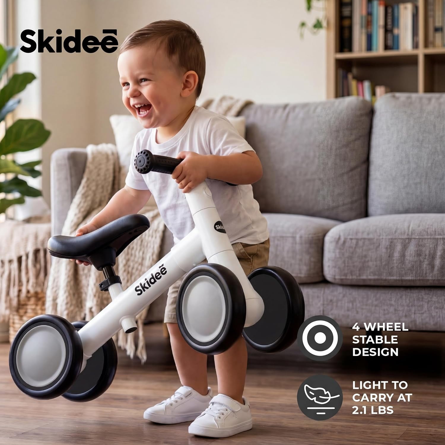 Skidee Toddler Balance Bike 1-3, 4-Wheel Balance Bike with Rare Light-Motion-Activated LED Wheels, Adjustable Height & Child Safe Steering, Lightweight Ride-On Toy Training Bike for Boys & Girls