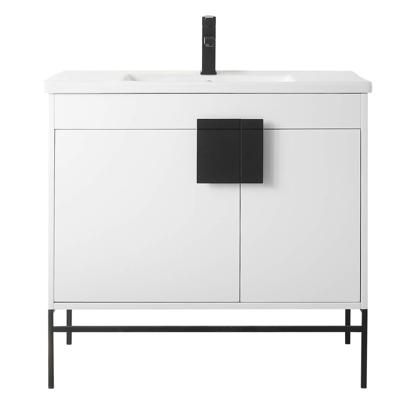 Fine Fixtures - Modern White 36" Bathroom Vanity Set, Black Matte Hardware, Vitreous China Sink Top