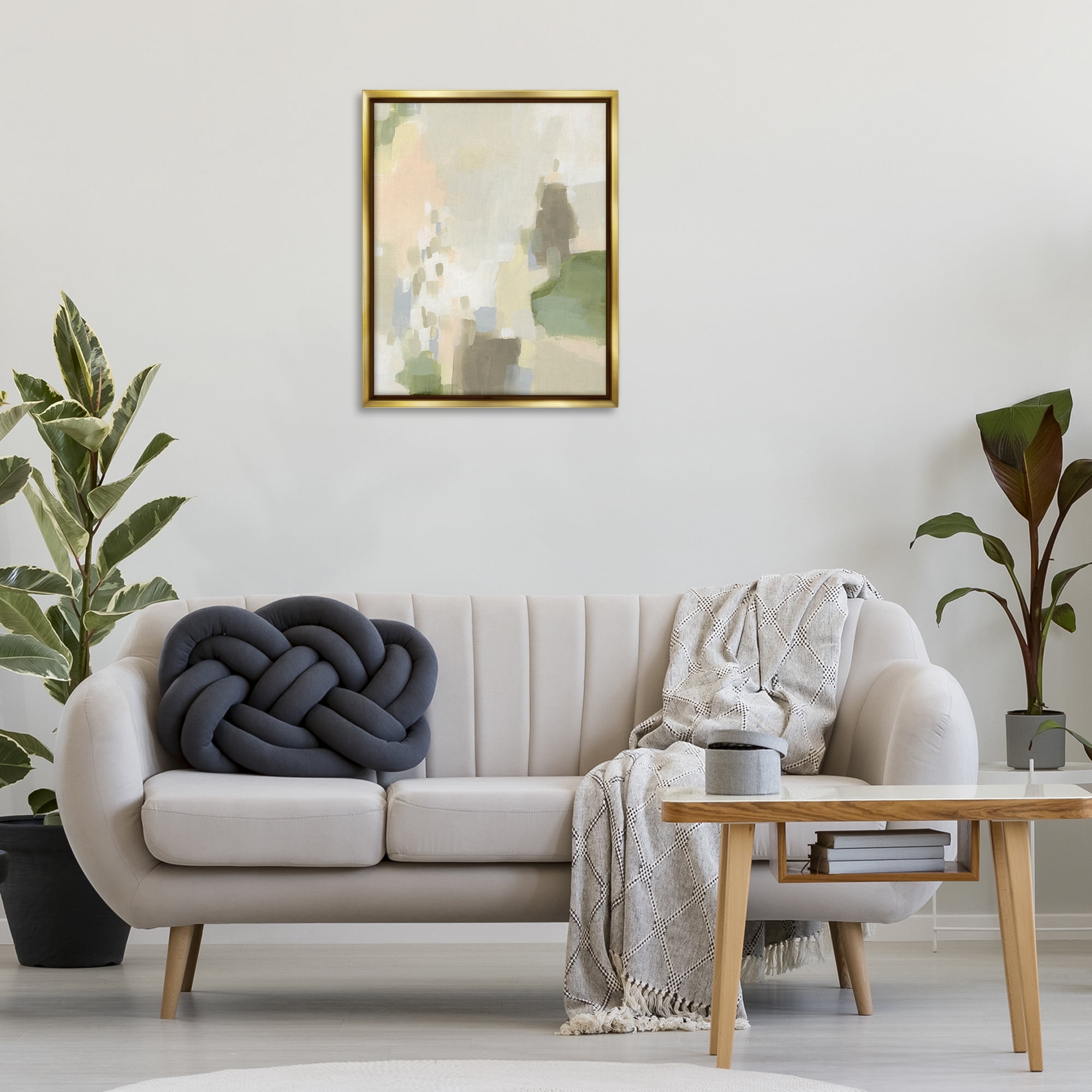 Stupell Industries Muted Beige & Green Abstract Painting Gold Floater Framed Canvas Art Print Wall Art, 25 x 31