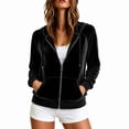 thumbnail image 5 of Karymi Zip‑Up Velvet Hooded Jackets for Women, Drawstring Hood Long Sleeve Casual Outerwear with Kangaroo Pocket, 5 of 7