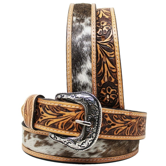 42 Western 1-1/2" Wide Floral Tooled Cowhide Inlay Full-Grain Leather Belt 26RT60