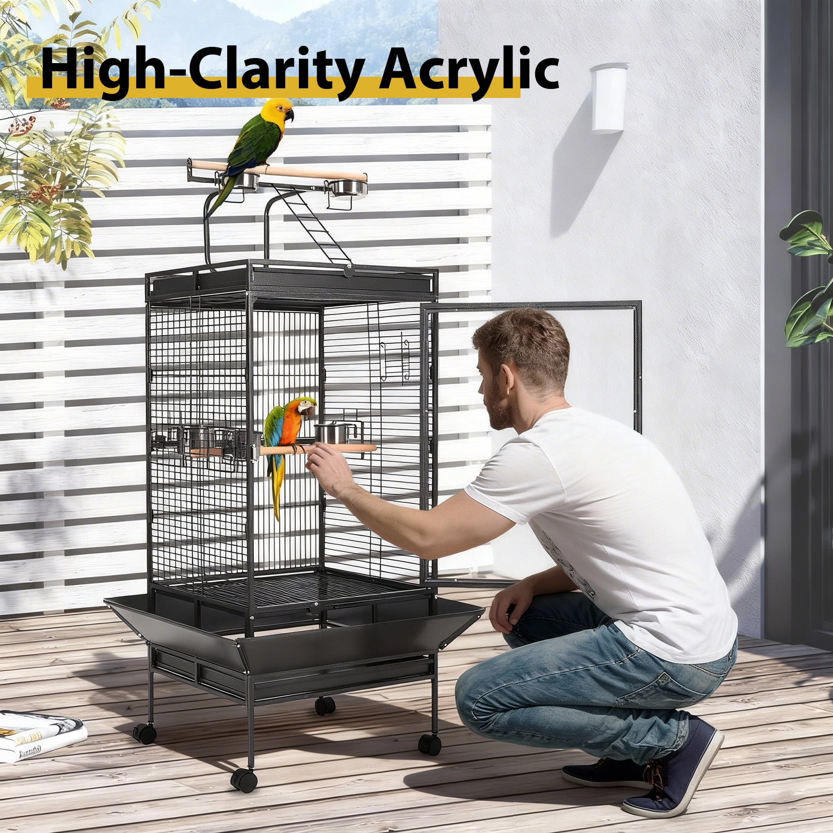 Large 65" Heavy-Duty Parrot Cage with Acrylic Door & Play Top – Perches, 4 Stainless Steel Bowls, 360° Wheels, Escape-Proof, Easy Clean, For Macaws, Cockatoos, Greys – Model SY-A08A