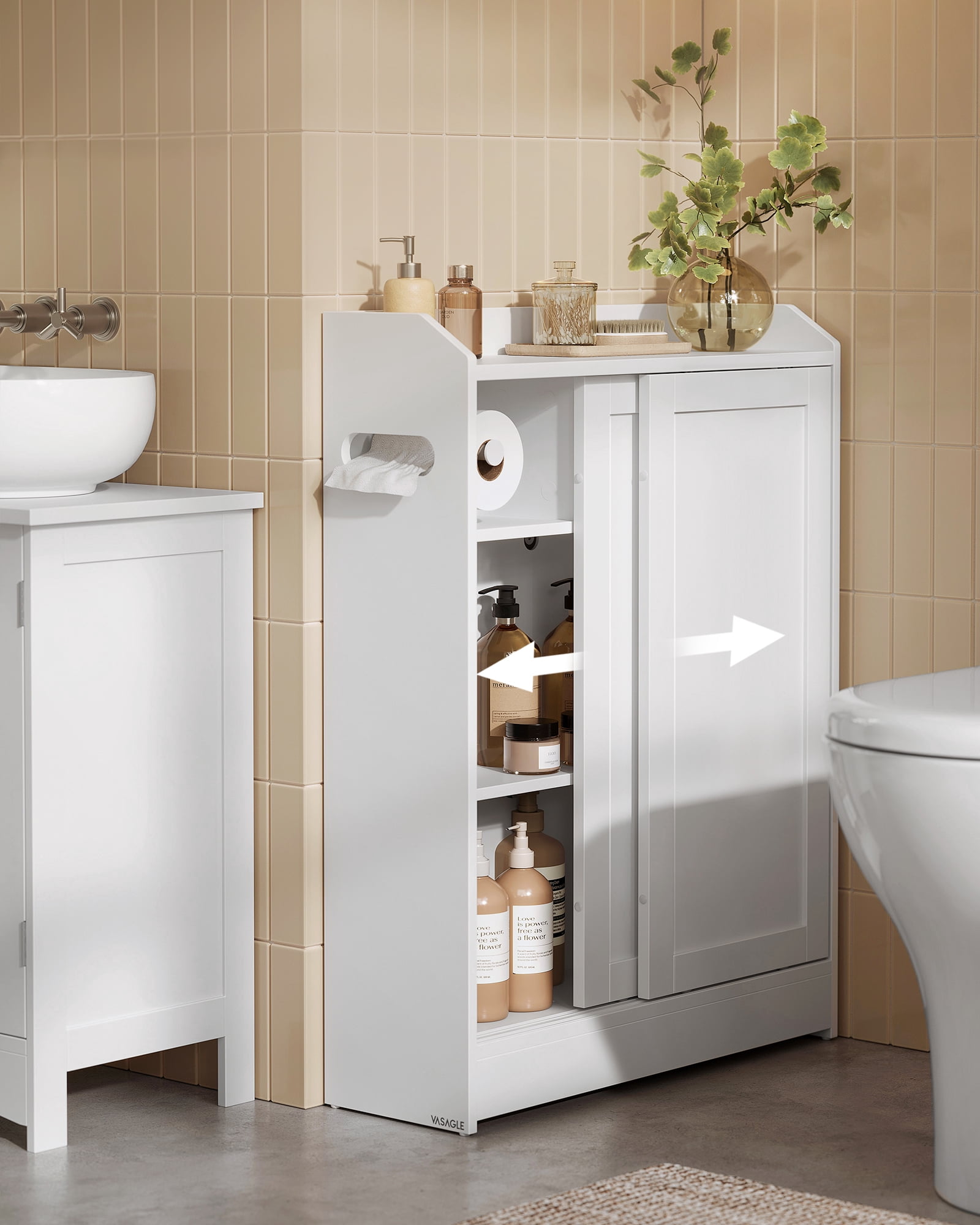 Slim Bathroom Cabinet with Toilet Paper Holder and Brush Compartment - Space-Saving Storage Solution for Narrow Bathrooms