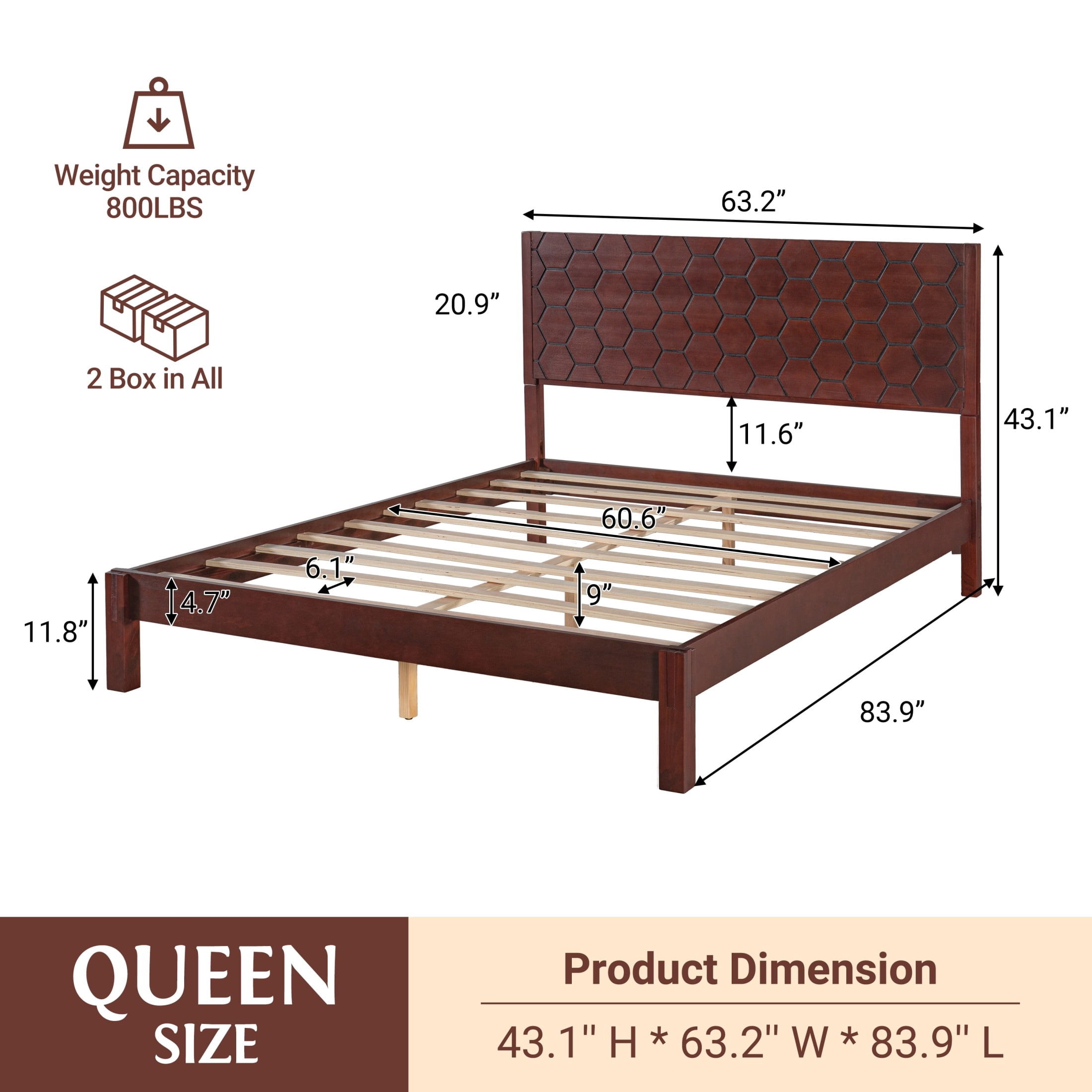 Christopher Knight Home Modern Queen Wooden Platform Bed Frame With Honeycomb Headboard, Walnut