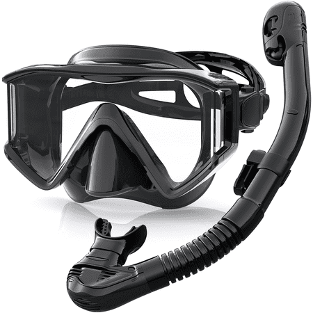 Greatever Snorkel Set Adults, 3 Window Panoramic View Snorkel Mask Anti-Fog, Leak-Proof Scuba Diving Mask with Mesh Bag, Dry Top Mask and Snorkel Set for Adult BLACK