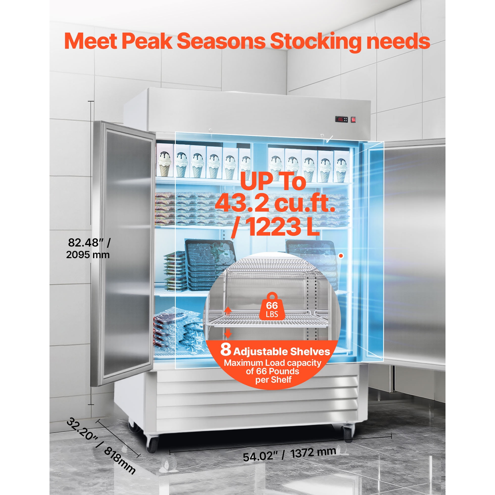 KFFKFF Commercial Stainless Steel Upright Freezer, 54" Wide, 44 Cu.Ft Capacity with Double Doors, Auto-Defrost, 8 Adjustable Shelves, -11 to 14℉ Temperature Range, ETL Certified