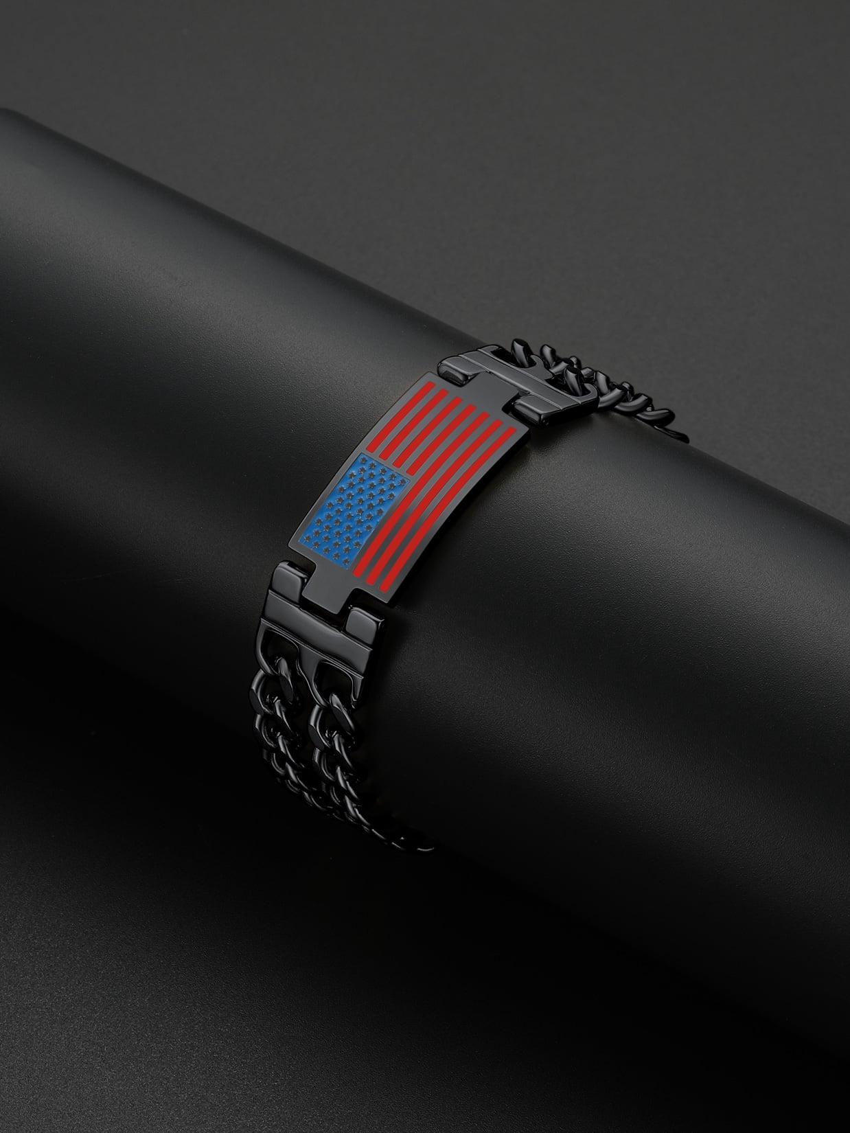 ChainsProMax Men Cuban Link Chain Bracelet, American Flag Bracelet, Stainless Steel Black Plated