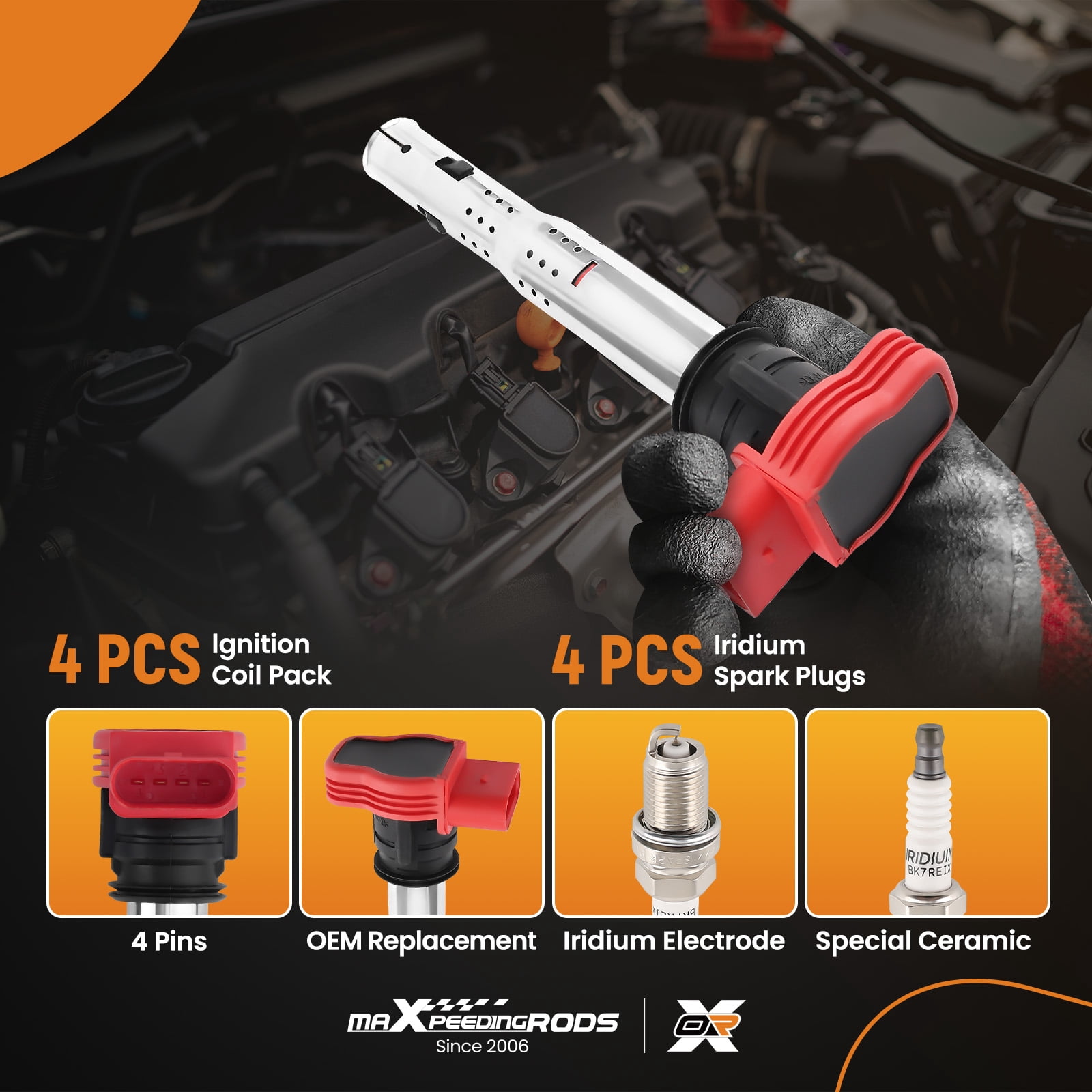 maXpeedingrods UF529 Set of 4 Ignition Coil Pack and Iridium Spark Plugs Fit for Audi A3 A4 A5 1.8 2.0 3.2 l4 V6, for Volkswagen Jetta Passat Golf 2.0L l4 2006-2016, Ignition Coil Kit Replaces UF-529