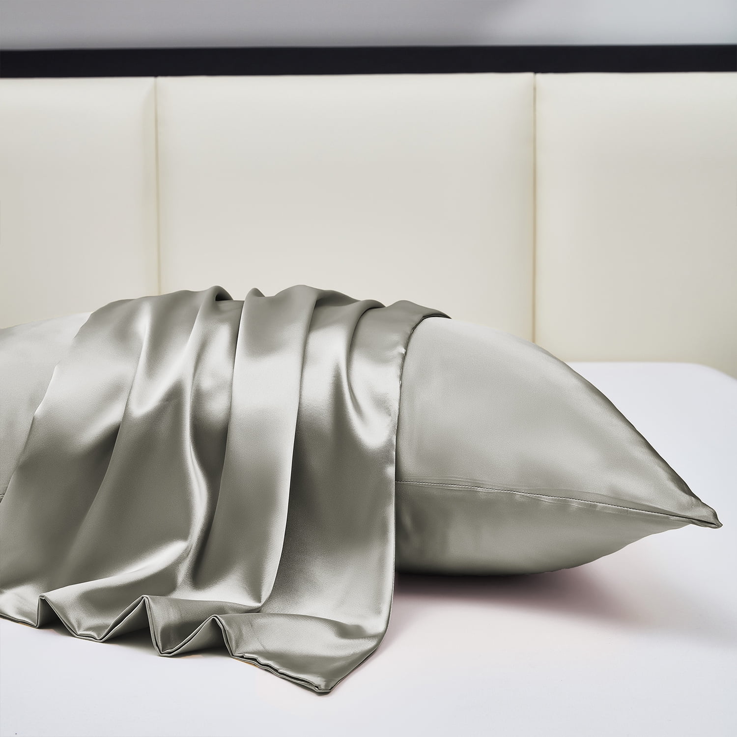 HIG Cooling Curved Pillow Cases 2 Pack King - Silky Soft Stretch Satin Pillow Shams, Dark Gray - 20x36 Inches