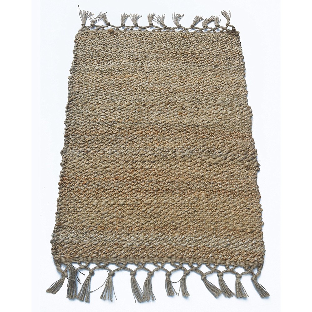 Benzara Knotted Fringe Pattern Jute RugColorBrown