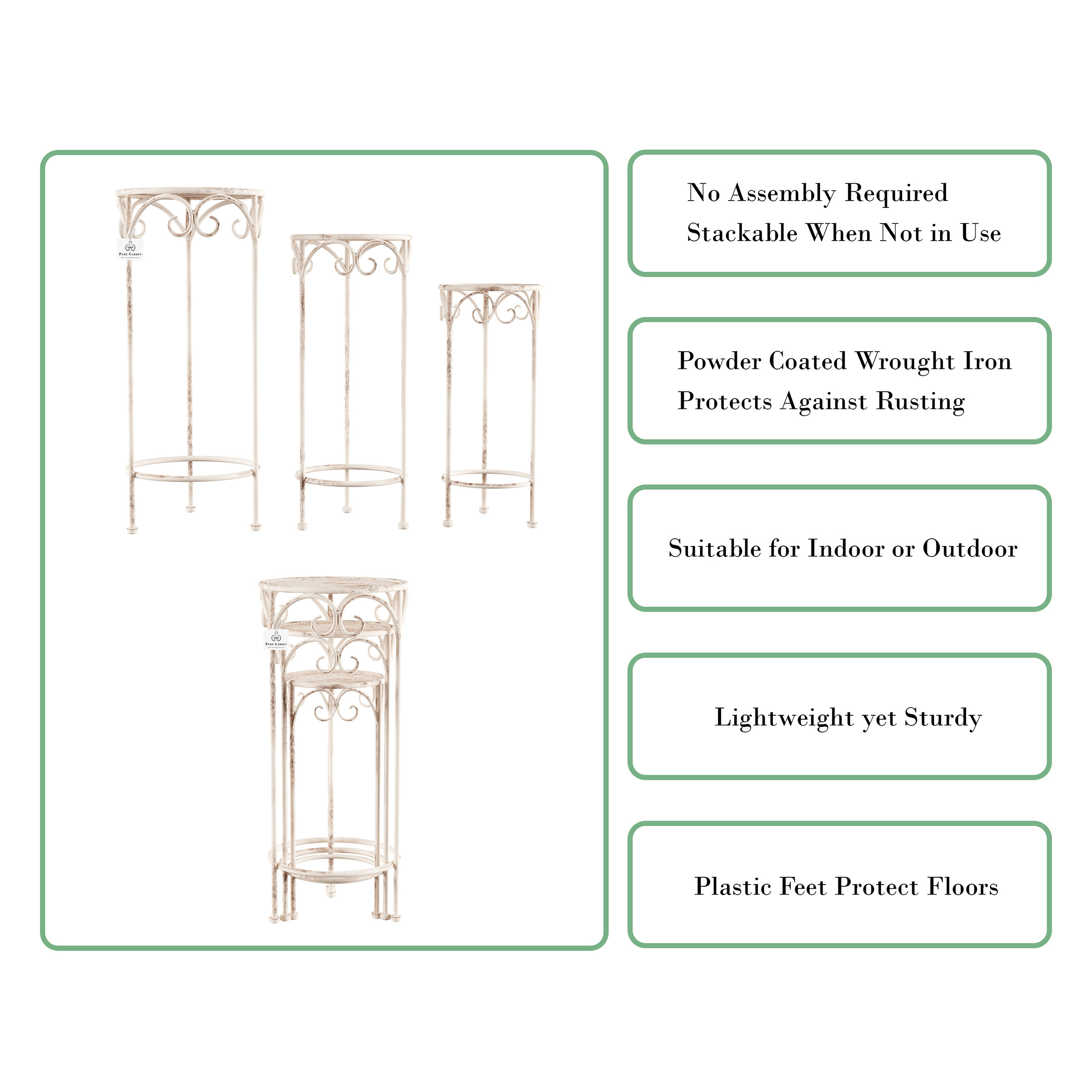 Plant Stands– Set of 3 Indoor or Outdoor Plant Display by Pure Garden (Antique White)