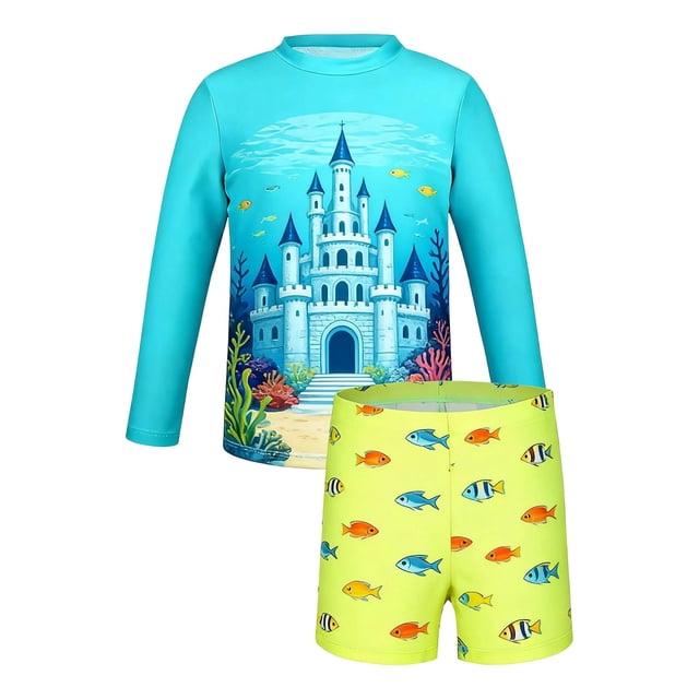 Boys Swimsuits Two Piece Toddler Rash Guard Swim Trunks & Long Sleeve Shirt Quick Dry Bathing Suits 7-8 Years