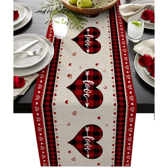 Newhomestyle Valentine's Day Love Heart Table Runner 13 x 72 inch Valentine Love Red Black Buffalo Plaid Heart Linen Table Runner Non-Slip Dresser Scarves