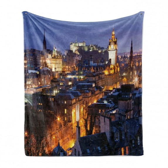 Scotland Soft Flannel Fleece Throw Blanket, Edinburgh Skylines Building and Castle at Dusk Cityscape National Landmark, Cozy Plush for Indoor and Outdoor Use, 60" x 80", Multicolor, by Ambesonne