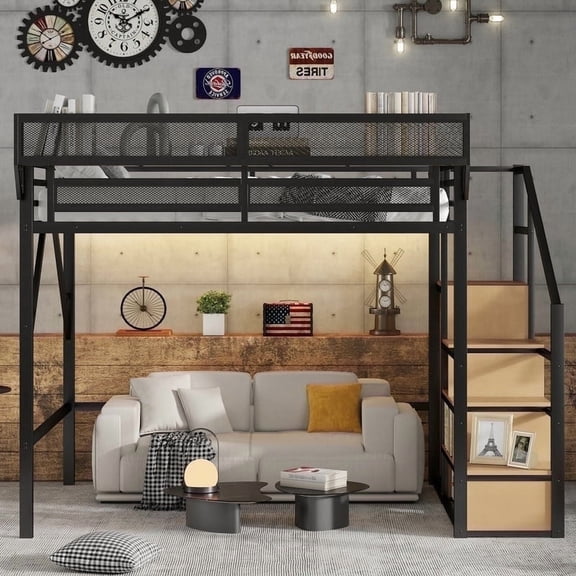 Mirightone Queen Loft Bed with Storage Shelves, Metal Loft Bed with Stairs, Heavy Duty High Loft Bed with Wardrobe for Teens Adults, Black