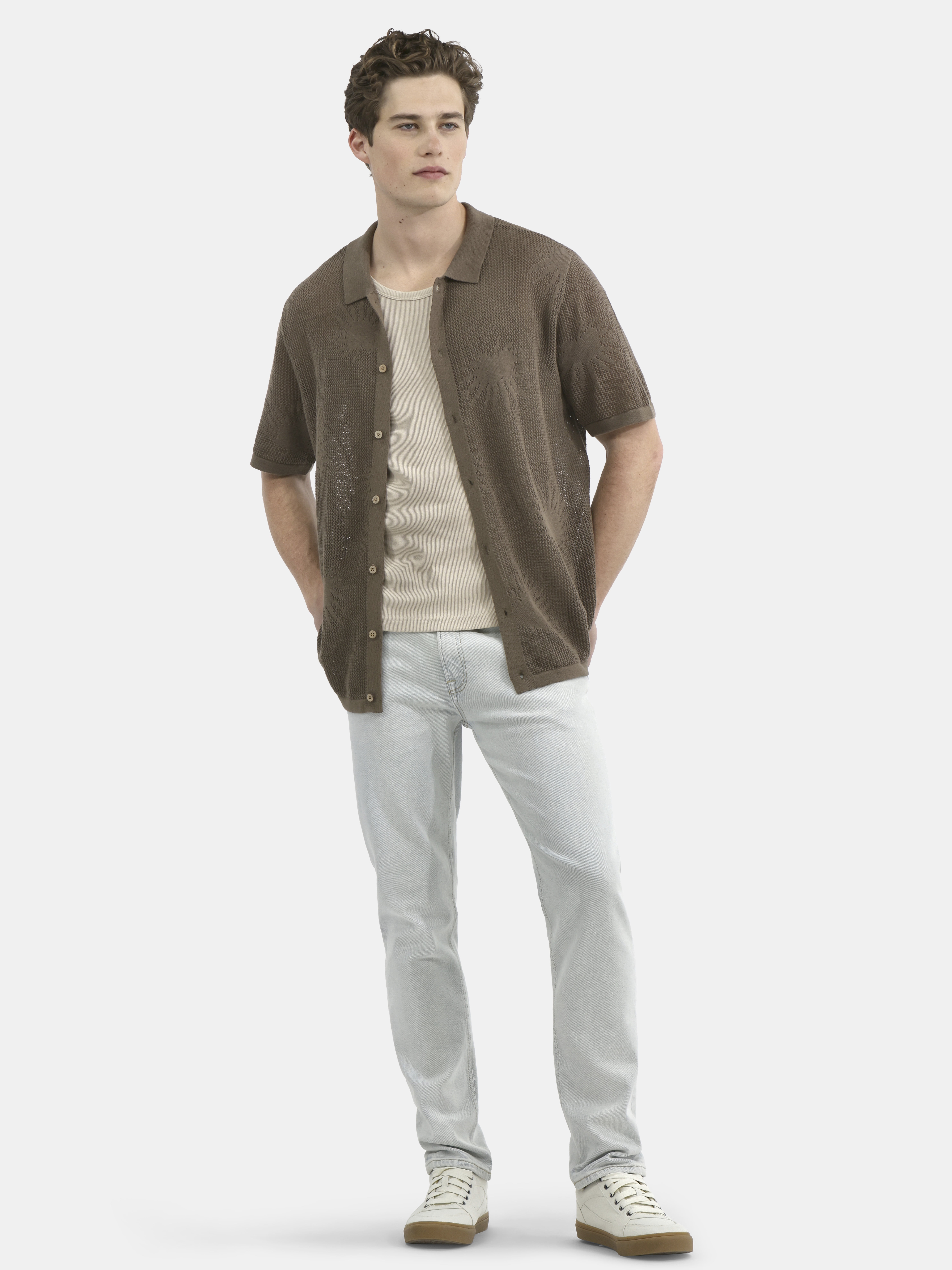 No Boundaries Palms and Mesh Stitch Cotton Button Front Sweater, Men's and Big Men's