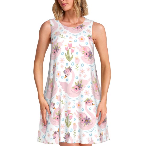 Fotbe Swan And Flowers Vestido de Verano sin Mangas para Mujer – Vestido Midi Línea A, Estilo Camiseta Floral, Vestido Playero Casual y Fluido