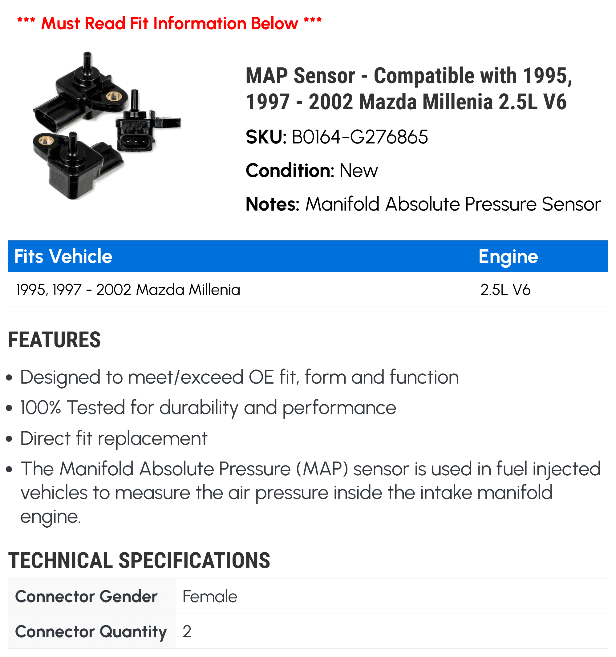 MAP Sensor - Compatible with 1995, 1997 - 2002 Mazda Millenia 2.5L V6 1998 1999 2000 2001