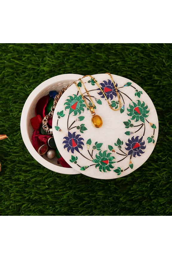 Marble Jewelry Round Box Malachite Inlaid Stone Floral Arts Dcor