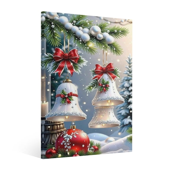 Vintage Christmas bell Wall Art Paint - Retro Xmas Festive Winter Holiday Christmas Wall Decor Canvas for Living Room Kitchen Bathroom Home Bedroom Decor Framed