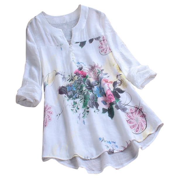 Gibobby Playeras Deportivas Parche floral Camiseta con estampado vintage Top Manga larga Cuello en V Blusa para mujer Blusa para mujer(Blanco, XXXXL)