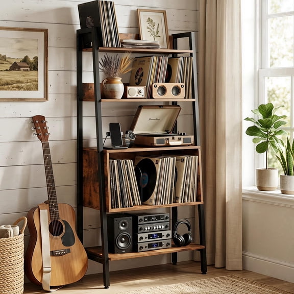 Getyes 5-Tier Ladder shelf Bookcase with Charging Station, 63" Storage Rack with Shelves Bookcase, Wall Ladder Bookshelf Freestanding Display Shelf for Living Room, Rustic Brown