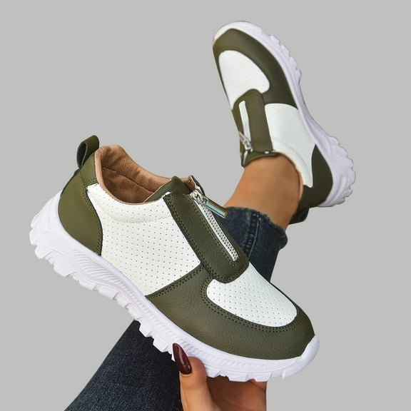 Yusimy Women's Fashionable Casual Color-Block Slip-On Sneakers - Front Zipper Easy On/Off Athletic Design Lazy Shoes for Everyday Wear