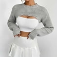 thumbnail image 2 of ShomPort Women Crochet Knit Crop Sweater Cover up Shrug Long Sleeve Crew Neck Casual Loose Cropped Smock Tops, 2 of 3