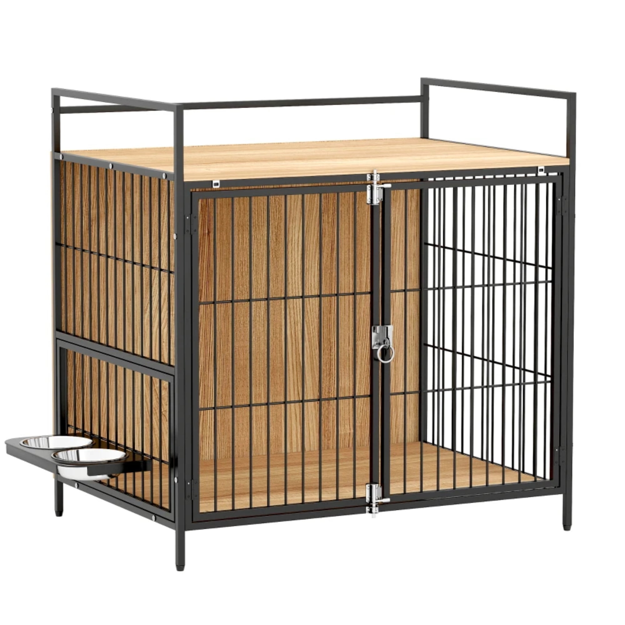 Pefilos 31" Furniture Style Dog Crate with Rotatable Feeding Bowl, 2 Anti-Escape Doors, Indoor Pet Kennel Dog Cage for Medium Dogs, Beige