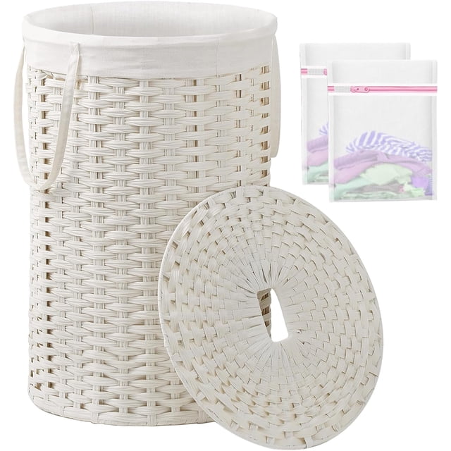 Large Laundry Hamper Laundry Basket Round Gal L) Handwoven Wicker Laundry Baskets Rattan Laundry Basket with Laundry Bag Handles Mesh Bags for Living Room Bedroom