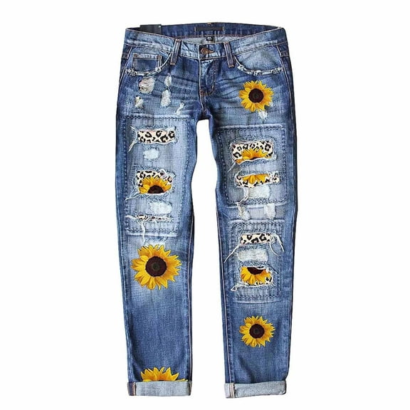 Luwomo Womens' Jeans Street Sunflower Printed Straight Leg High Waist Long Trousers Denim Pants Blue,L