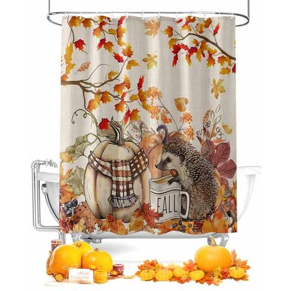 Fall Thanksgiving Shower Curtain Set ,Waterproof Fabric Shower Curtains Pumpkin Hedgehog Coffee Branch Linen Shower Curtains for Bathroom,Bathroom Decor 48"x72"