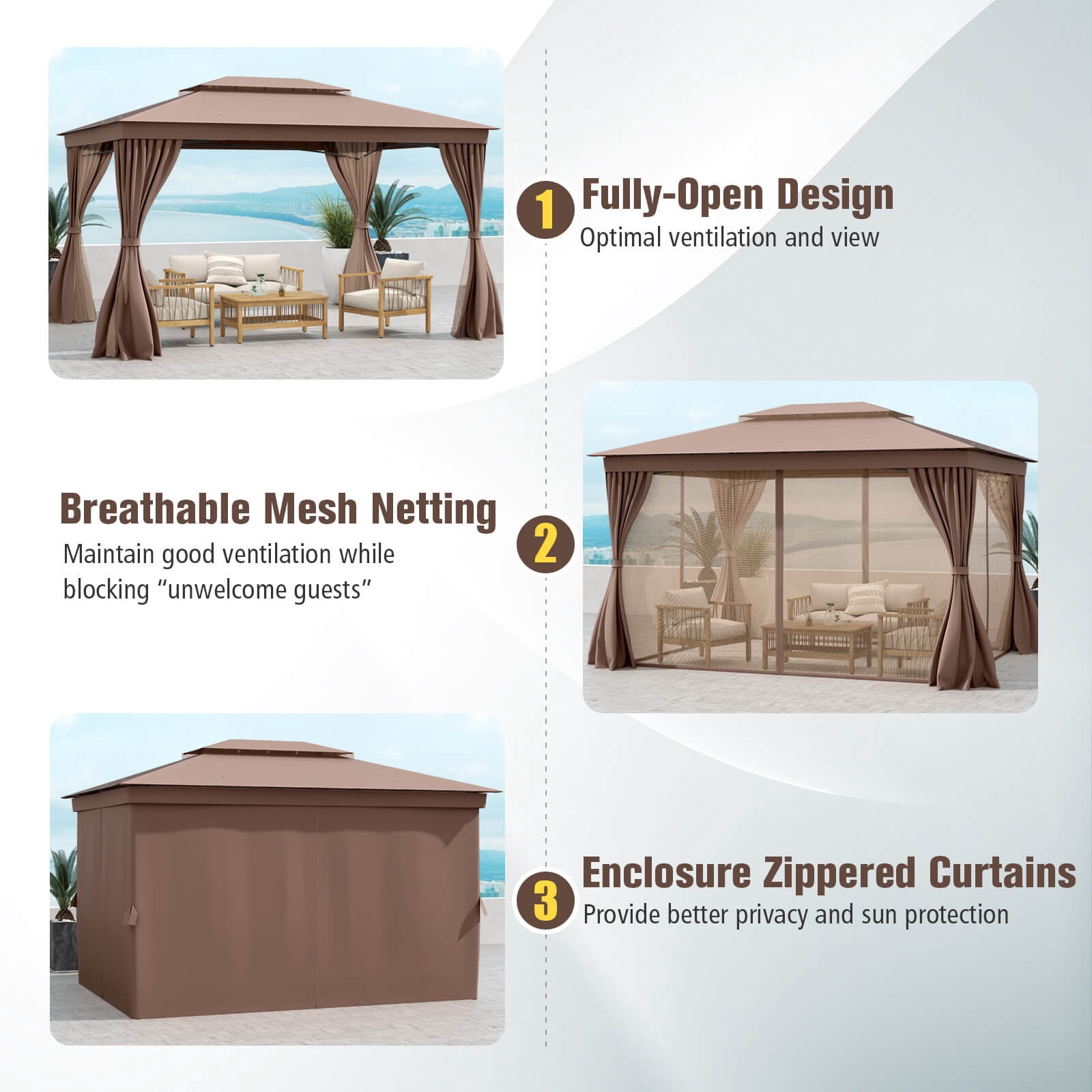 Costway 10 X 13 FT Patio Gazebo, Outdoor Double-Roof Canopy Tent with Mesh Netting Coffee