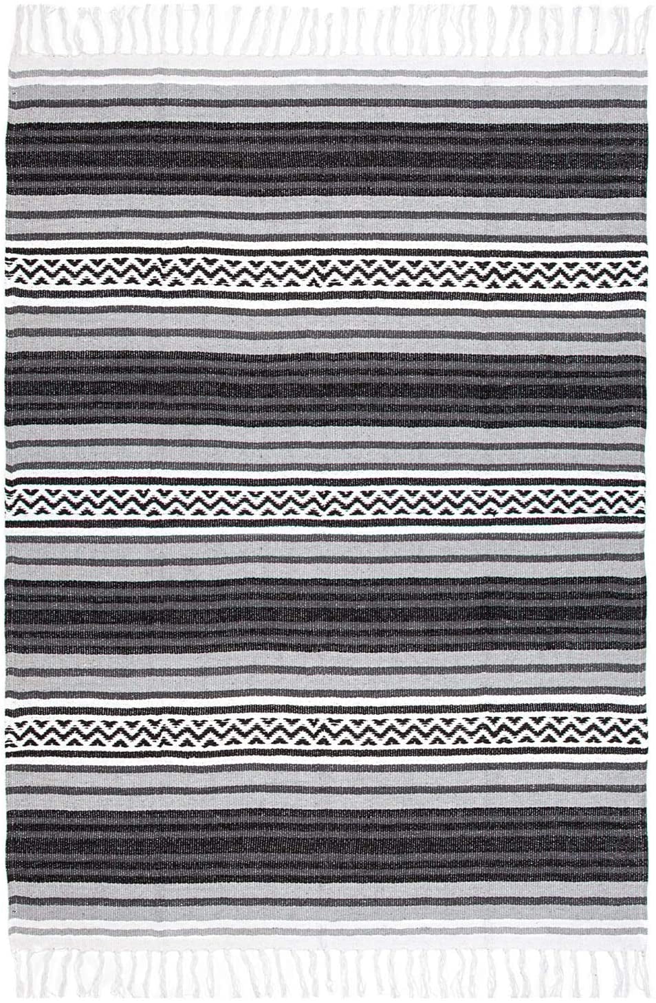 Americanflat Authentic Mexican Yoga Blanket - Soft Woven Cotton and Polyester Falsa Blanket in Gray Striped