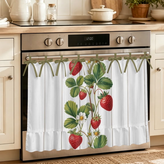 Oven Skirt Curtain for Kitchen 20x27 Inch, Strawberry Oven Curtain with 8 Ribbon Ties & Ruffle Trim, Stove Skirt Curtain Dishwasher for Cabinets Over Sinks Vintage Green Botanical Spring Floral