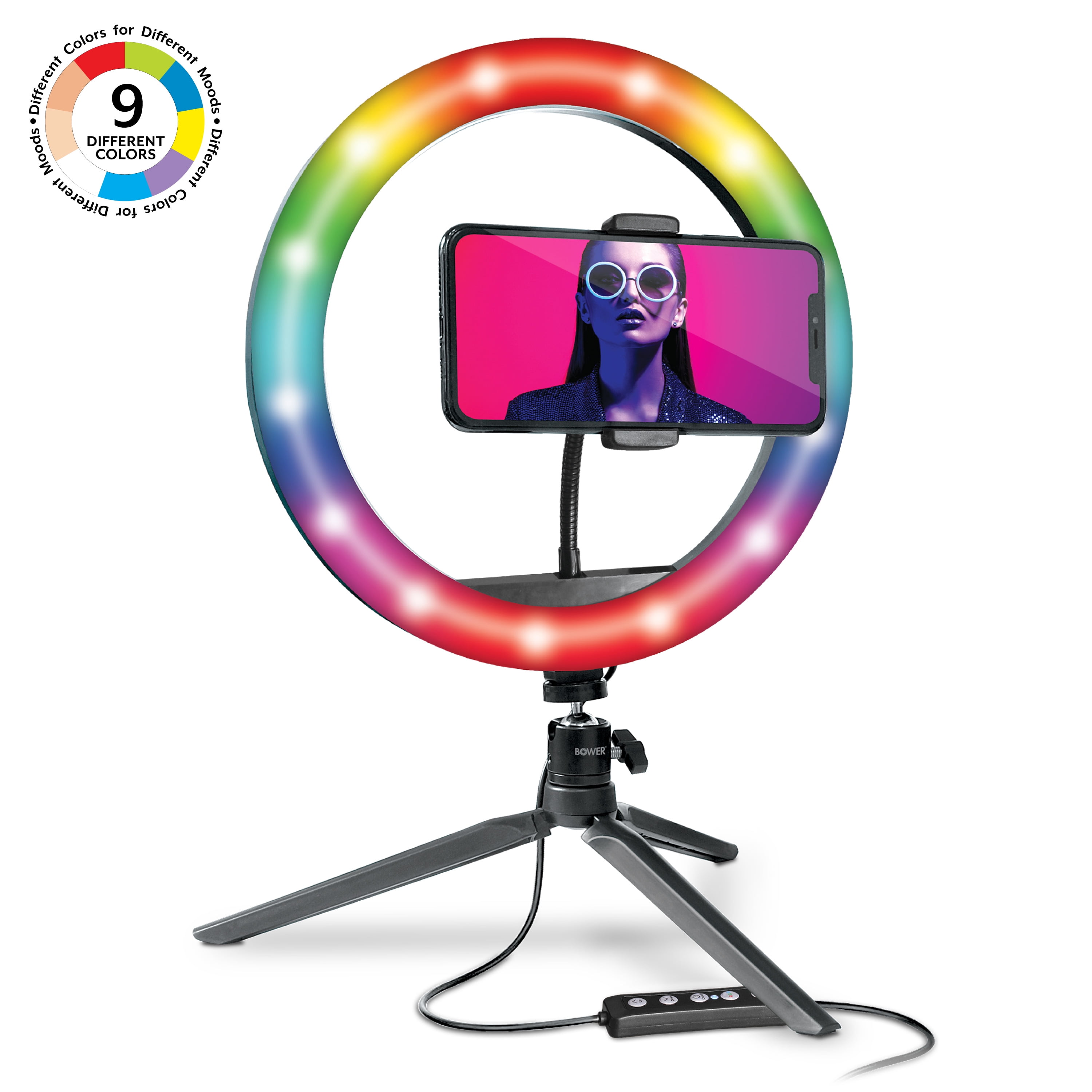 Bower 10" RGB Mobile Selfie LED Ring Light Studio Kit with Special Effects; Black