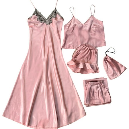 Xfvqtps 5 PCS Womens Pajama Set Nightgown Sling Shorts Trousers and Storage Bag Solid Color Lace Elegant Satin Soft Comfortable Silky Nightwear Pink