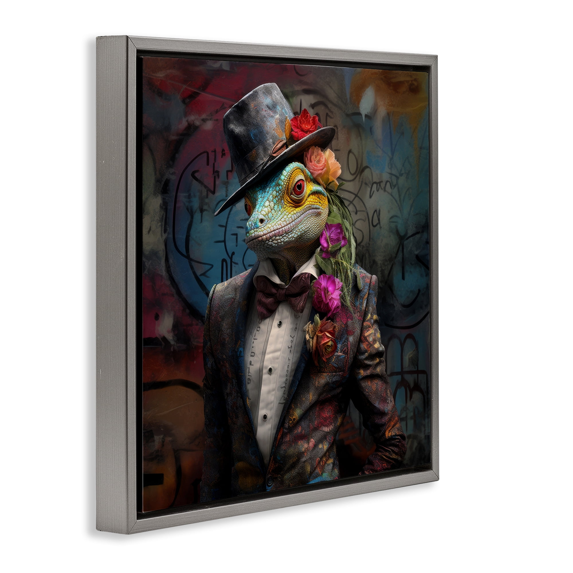 Stupell Industries Urban Graffiti Lizard Animals & Insects Painting Gray Floater Framed Canvas Art Print Wall Art, 18 x 18