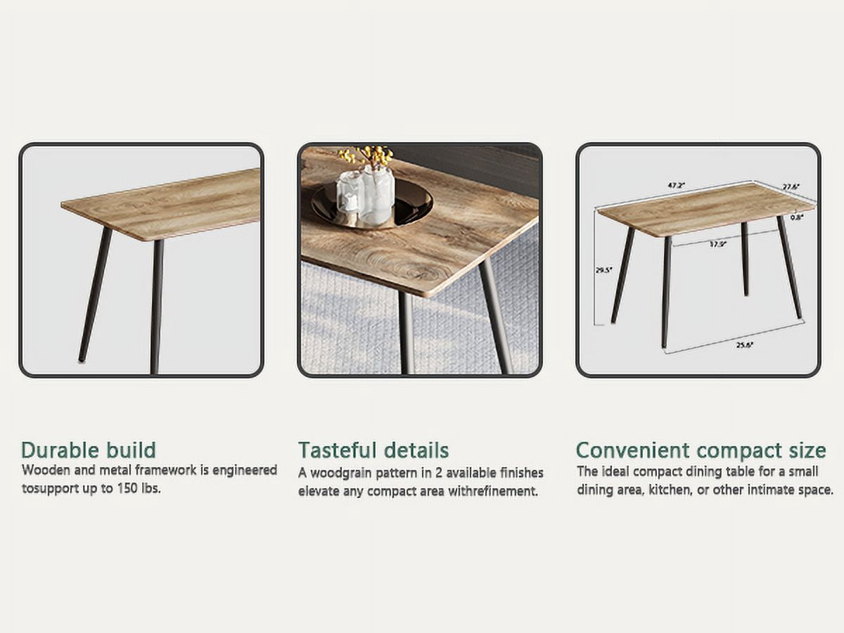 47-Inch Modern Dining Table with Wood Grain MDF Top and Black Metal Legs, Kitchen Table and Computer Desk for 4-6 People, Wood