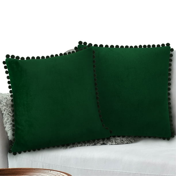PAVILIA Emerald Green Throw Pillow Covers, 18x18, Set of 2, Pom Pom