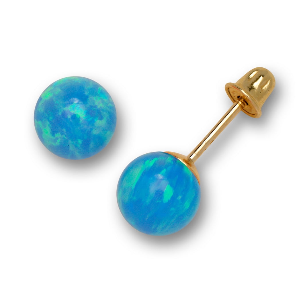 14k Yellow Gold Colors Of Simulated Fire Opal 6mm Ball Post Stud Screw Back Earrings (aqua-blue) Ball Earring for Women