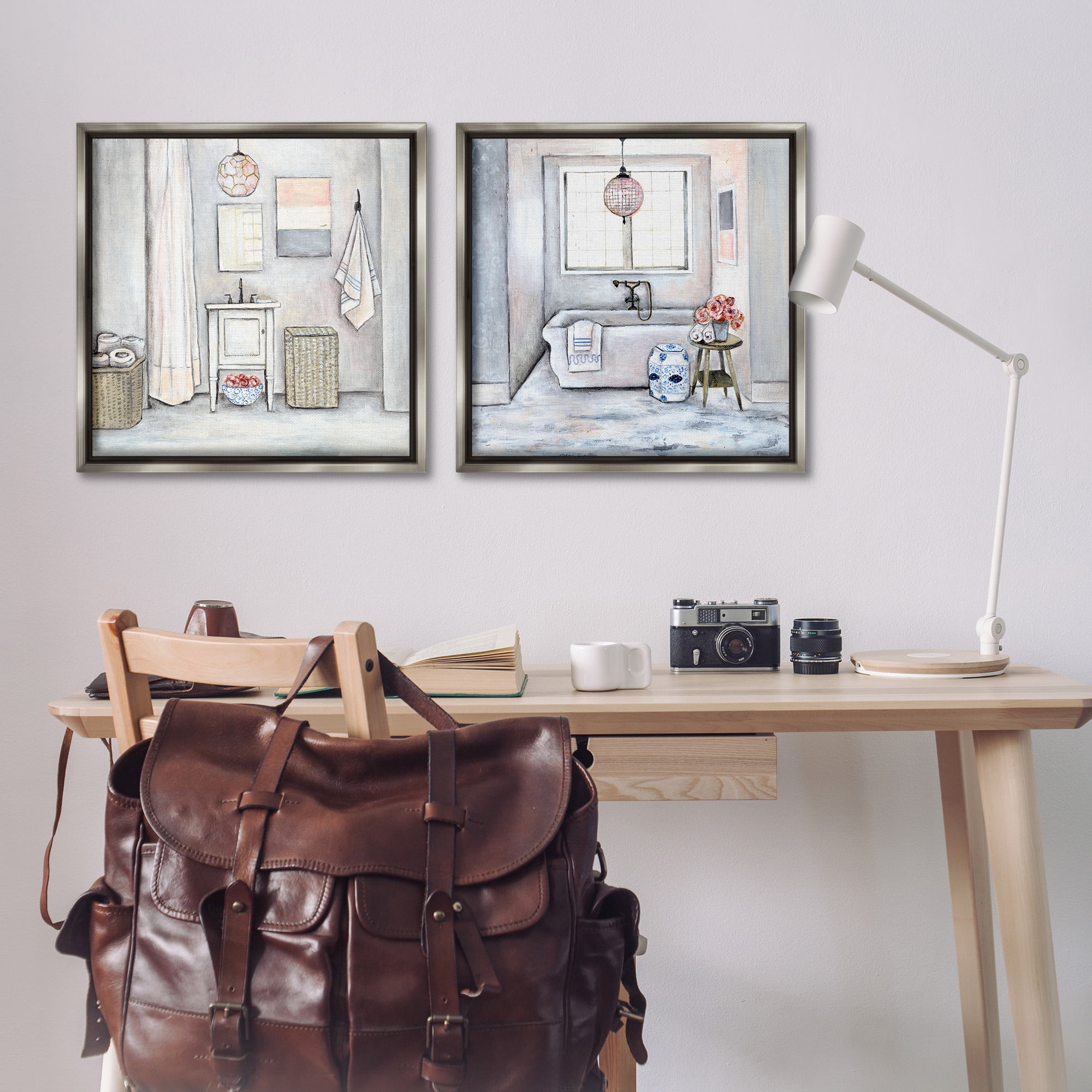 Stupell Industries Bathroom Interior Soft Cottage Design Abstract Drawing Gray Floater Framed Canvas Art Print Wall Art, 25 x 25, Set of 2