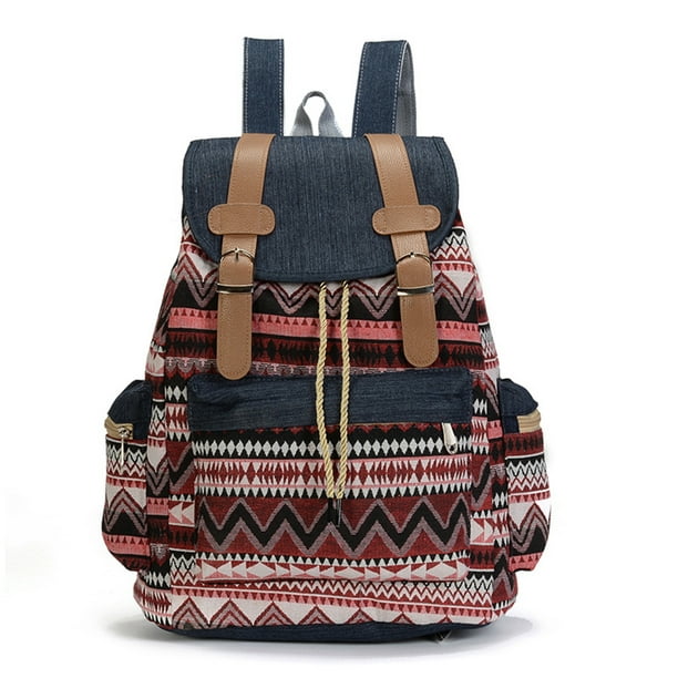 Women Canvas Backpack Bags Large Capacity Zipper Daypack Ethnic
