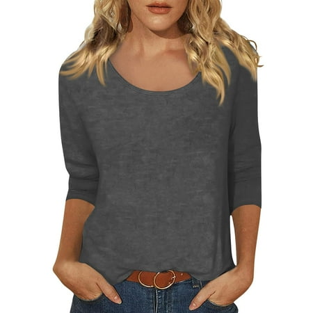Spring Tops For Women 2025  Casual Cotton Linen 3/4 Sleeved Round Neck Plus Size Solid T-Shirt Basic Top White Womens Summer Tops Casual Corset Fashion Tops Yoga Tops (3XL  Gray) ZMTing